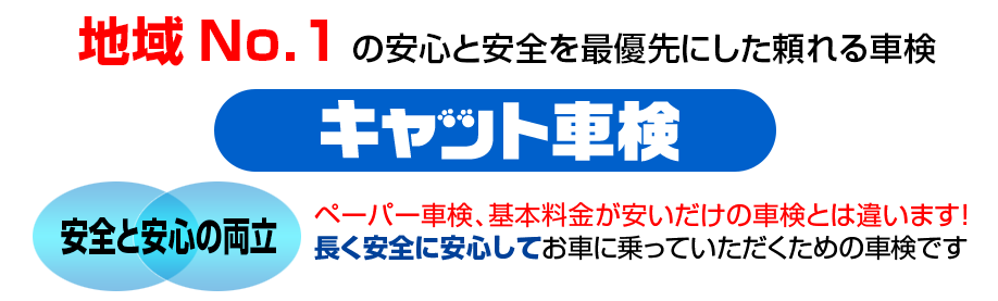 地域NO.1の安心と安全を最優先にした頼れる車検「キャット車検」。　安心と安全を両立：ペーパー車検、基本料金が安いだけの車検とは違います！長く安心してお車に乗っていただくための車検です。